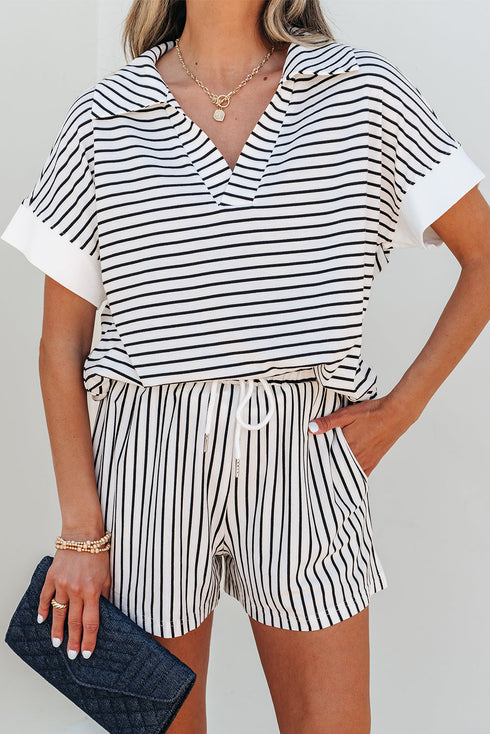 Exclusive Striped V Neck Tee And Casual Short Sets