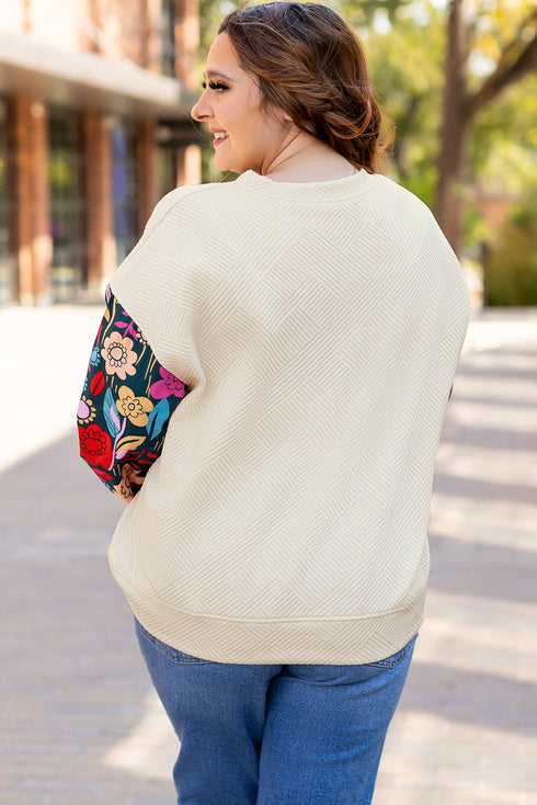 Exclusive Textured Floral Patchwork Pullover Long Sleeve Top