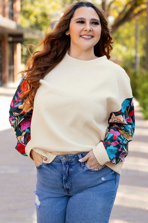 Exclusive Textured Floral Patchwork Pullover Long Sleeve Top