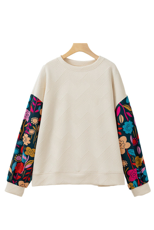 Exclusive Textured Floral Patchwork Pullover Long Sleeve Top