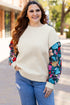 Exclusive Textured Floral Patchwork Pullover Long Sleeve Top