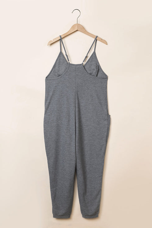 Exclusive Textured Ribbed Sleeveless V Neck Pocketed Jumpsuit