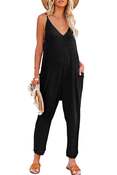 Exclusive Textured Ribbed Sleeveless V Neck Pocketed Jumpsuit