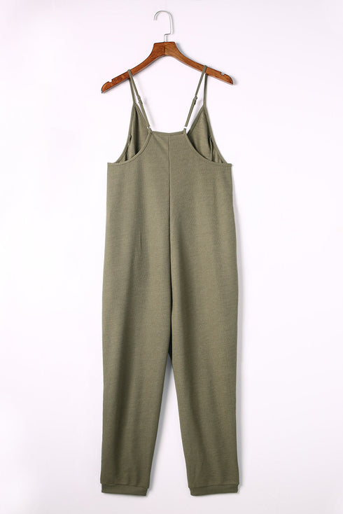 Exclusive Textured Ribbed Sleeveless V Neck Pocketed Jumpsuit