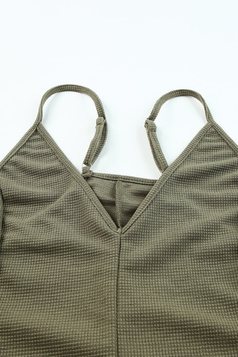 Exclusive Textured Ribbed Sleeveless V Neck Pocketed Jumpsuit