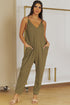 Exclusive Textured Ribbed Sleeveless V Neck Pocketed Jumpsuit