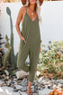 Exclusive Textured Ribbed Sleeveless V Neck Pocketed Jumpsuit