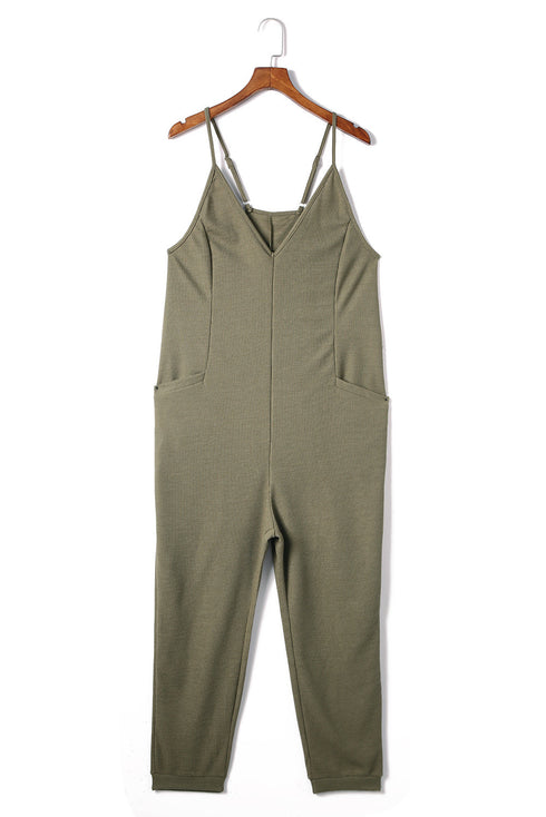 Exclusive Textured Ribbed Sleeveless V Neck Pocketed Jumpsuit