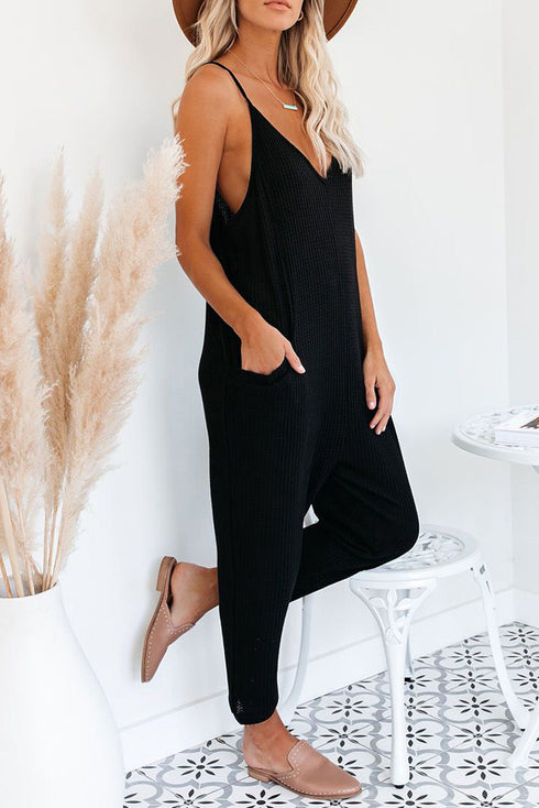Exclusive Textured Ribbed Sleeveless V Neck Pocketed Jumpsuit