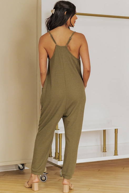 Exclusive Textured Ribbed Sleeveless V Neck Pocketed Jumpsuit