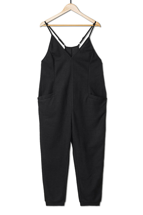Exclusive Textured Ribbed Sleeveless V Neck Pocketed Jumpsuit