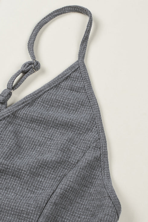 Exclusive Textured Ribbed Sleeveless V Neck Pocketed Jumpsuit