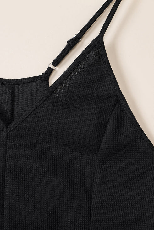 Exclusive Textured Ribbed Sleeveless V Neck Pocketed Jumpsuit