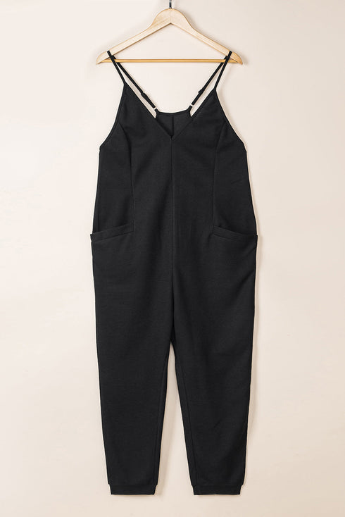 Exclusive Textured Ribbed Sleeveless V Neck Pocketed Jumpsuit