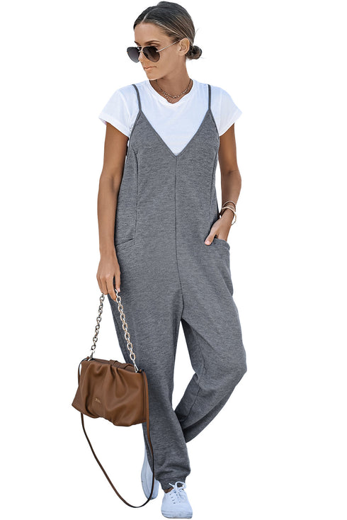 Exclusive Textured Ribbed Sleeveless V Neck Pocketed Jumpsuit