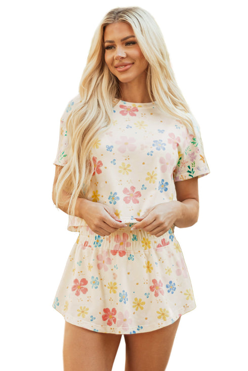 Exclusive Vintage Floral Print Crop Top Wide Leg Short Set