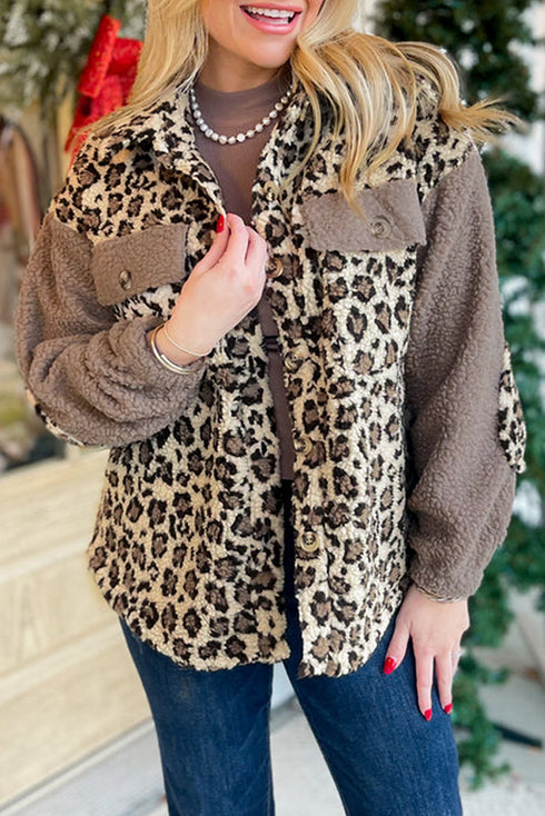 Exclusive Western Leopard Print Sherpa Patchwork Button Up Jacket