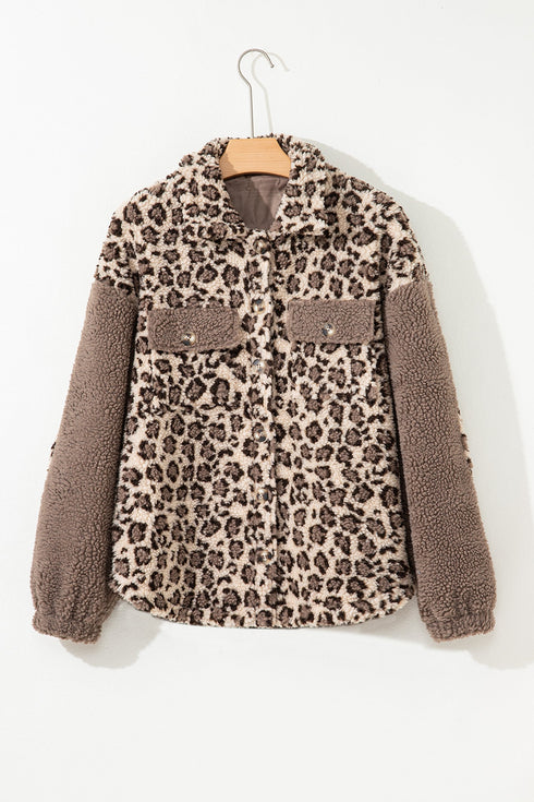 Exclusive Western Leopard Print Sherpa Patchwork Button Up Jacket