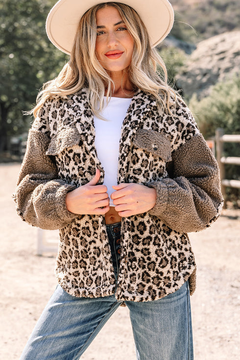 Exclusive Western Leopard Print Sherpa Patchwork Button Up Jacket