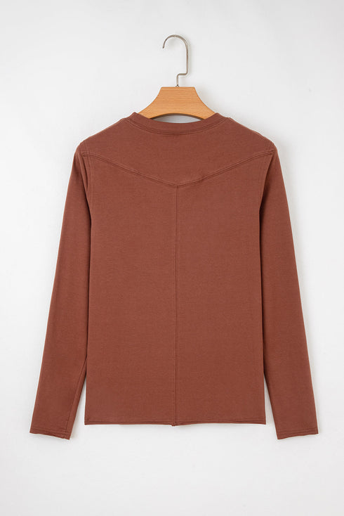 Exposed Raw Seam Detail Long Sleeve Cotton Blend Top