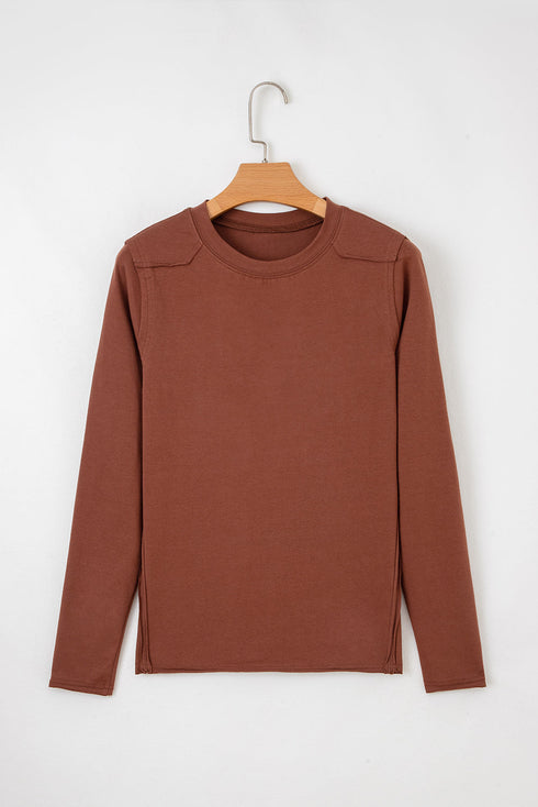 Exposed Raw Seam Detail Long Sleeve Cotton Blend Top