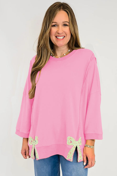 Exposed Seam Bow Patch Crew Neck Sweatshirt