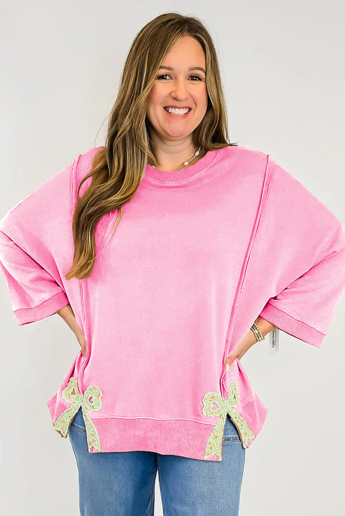 Exposed Seam Bow Patch Crew Neck Sweatshirt