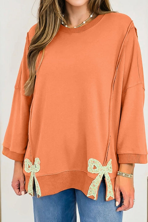 Exposed Seam Bow Patch Crew Neck Sweatshirt