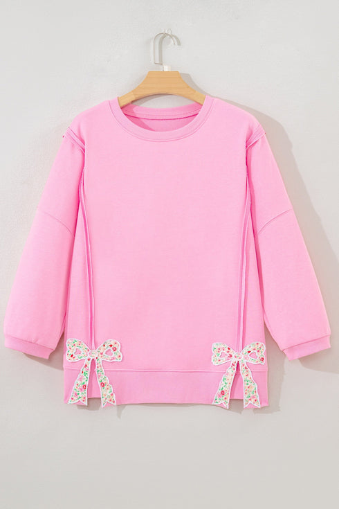 Exposed Seam Bow Patch Crew Neck Sweatshirt