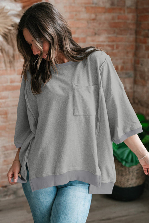 Exposed Seam Chest Pocket Split Loose T Shirt
