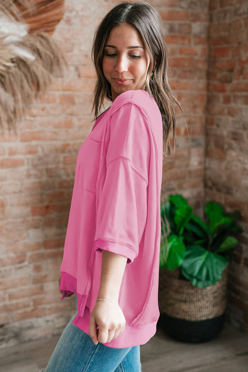 Exposed Seam Chest Pocket Split Loose T Shirt