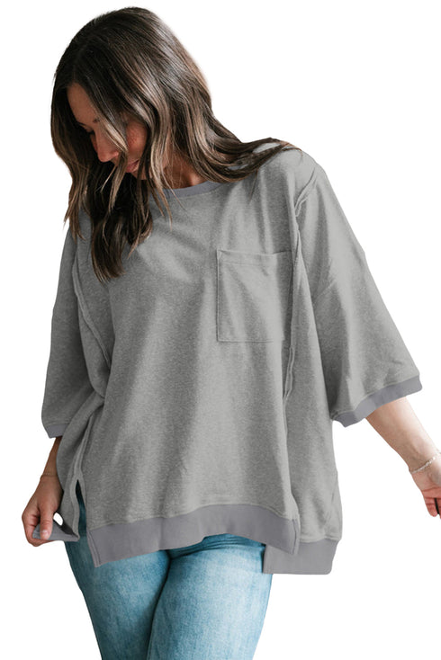 Exposed Seam Chest Pocket Split Loose T Shirt