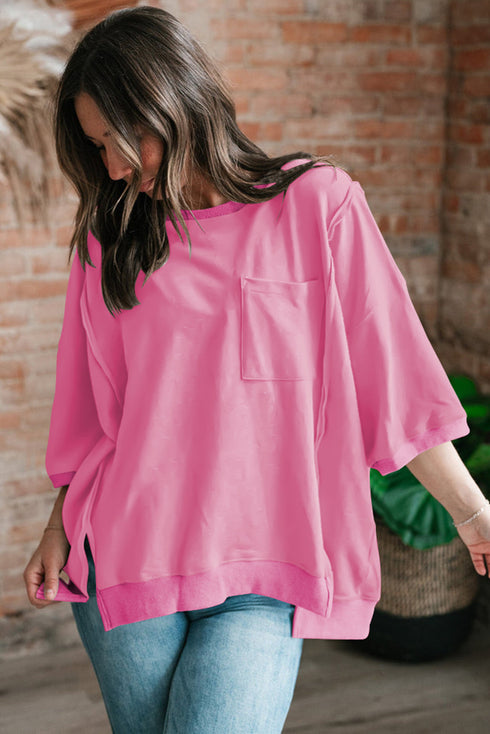 Exposed Seam Chest Pocket Split Loose T Shirt