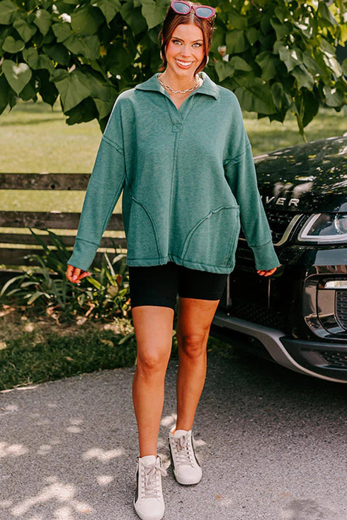 Exposed Seam Collared Pocketed Loose Sweatshirt