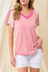 Exposed Seam Color Block Knitted V Neck T-shirt