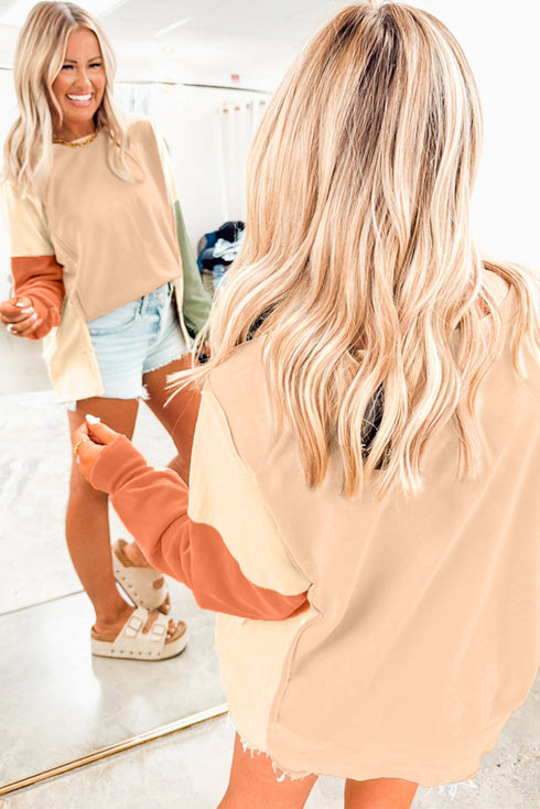 Exposed Seam Color Block Long Sleeve Crew Neck Top