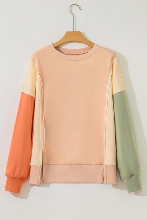 Exposed Seam Color Block Long Sleeve Crew Neck Top