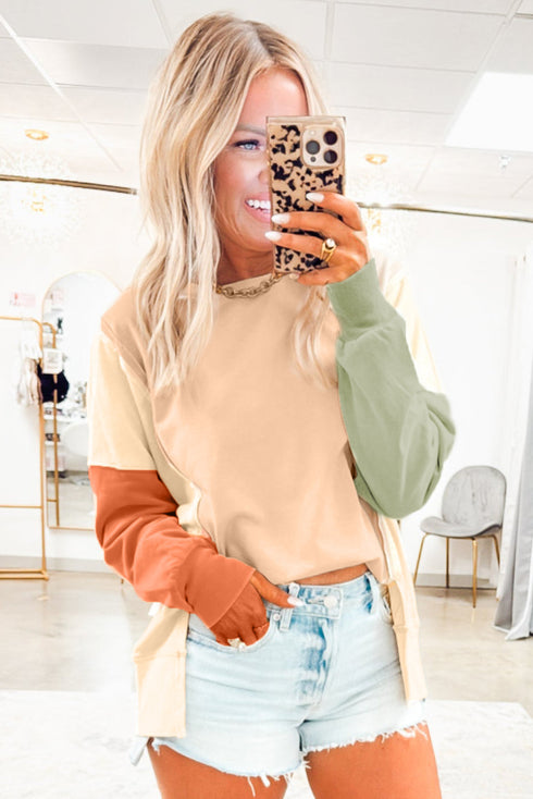 Exposed Seam Color Block Long Sleeve Crew Neck Top