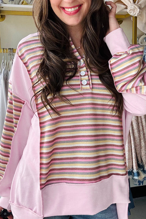 Exposed Seam Colorblock Striped Patchwork Henley Drop Shoulder Sweatshirt