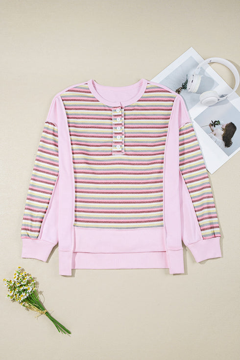 Exposed Seam Colorblock Striped Patchwork Henley Drop Shoulder Sweatshirt