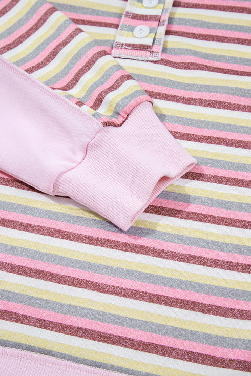 Exposed Seam Colorblock Striped Patchwork Henley Drop Shoulder Sweatshirt