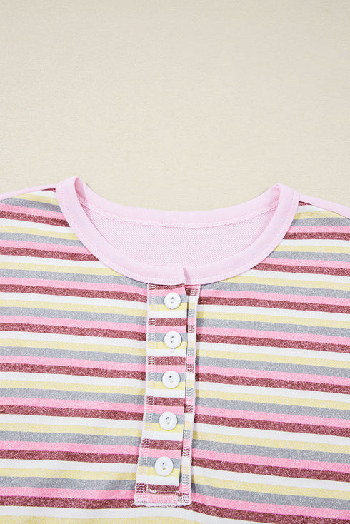 Exposed Seam Colorblock Striped Patchwork Henley Drop Shoulder Sweatshirt