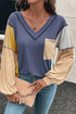Exposed Seam Colorblock V Neck Patch Pocket Long Sleeve Top