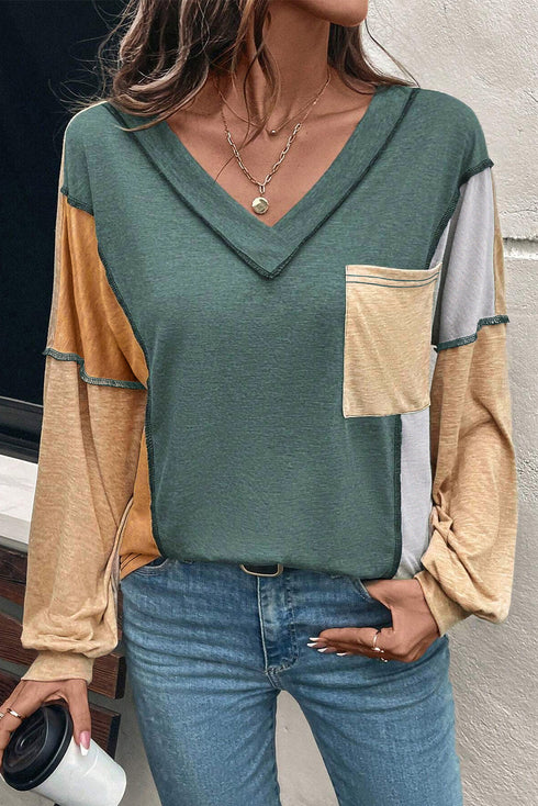 Exposed Seam Colorblock V Neck Patch Pocket Long Sleeve Top