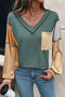 Exposed Seam Colorblock V Neck Patch Pocket Long Sleeve Top