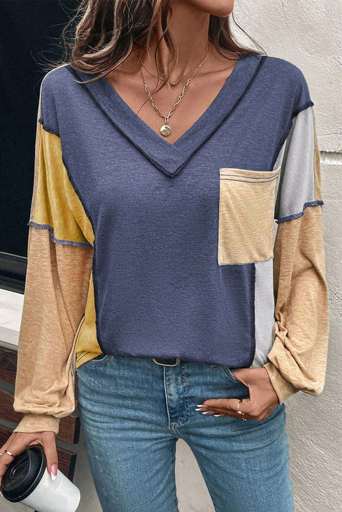 Exposed Seam Colorblock V Neck Patch Pocket Long Sleeve Top