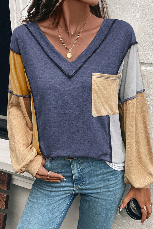 Exposed Seam Colorblock V Neck Patch Pocket Long Sleeve Top