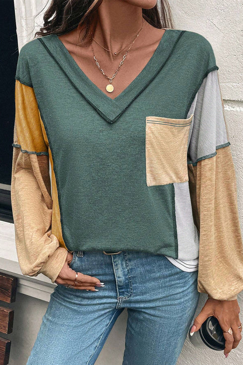Exposed Seam Colorblock V Neck Patch Pocket Long Sleeve Top
