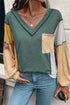 Exposed Seam Colorblock V Neck Patch Pocket Long Sleeve Top