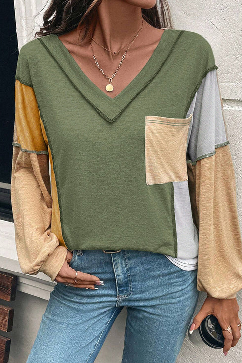Exposed Seam Colorblock V Neck Patch Pocket Long Sleeve Top
